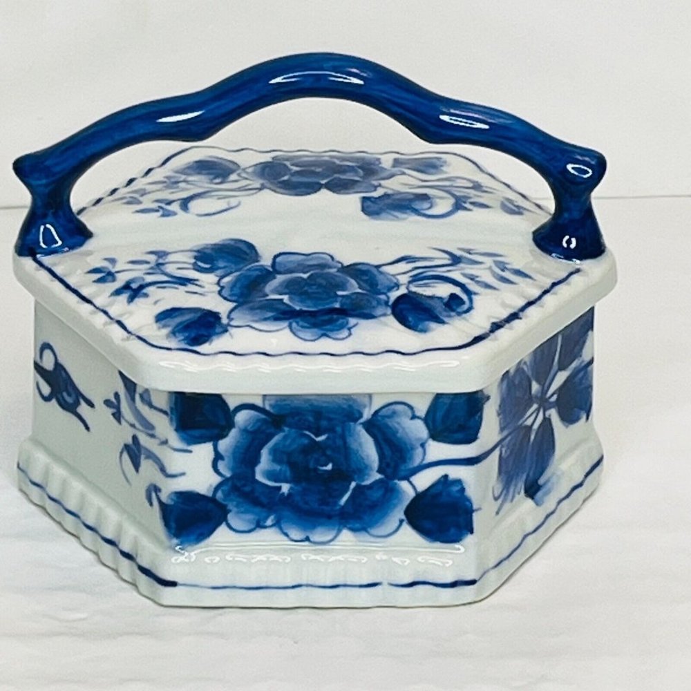 Blue and White Hexagon Trinket box with lid blue handle Thailand Porcelain